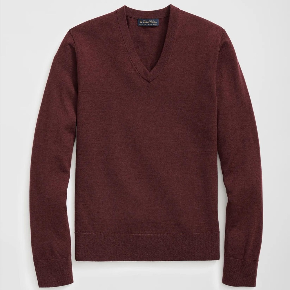 Brooks Brothers Burgundy Extra Fine Merino Wool V-Neck Sweater